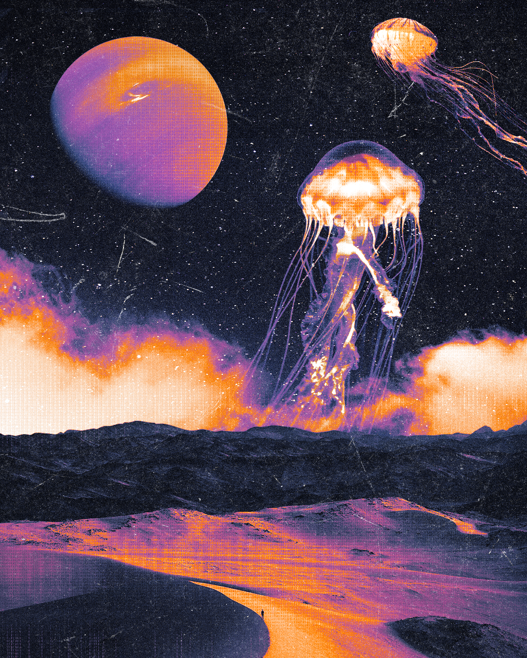 Nighttime landscape with dark mountains and a reflective body of water, sky filled with stars, large planets, and jellyfish floating in space, emitting orange and purple glow.