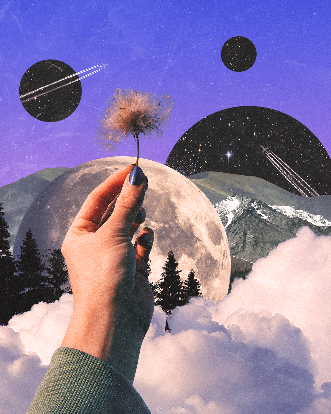 A collage with a hand holding a dandelion, a large moon, mountain ranges, trees, clouds, and a starry sky with planets and space objects.