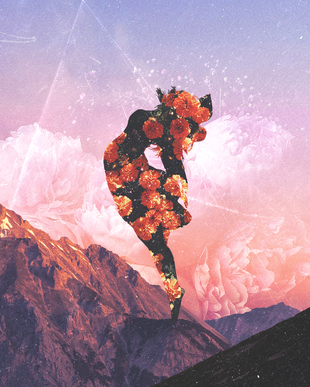 A surreal collage of a mountain landscape and a silhouette of a person floating in the air, filled with orange flowers, set against a pink and purple sky with clouds and star-like lights.