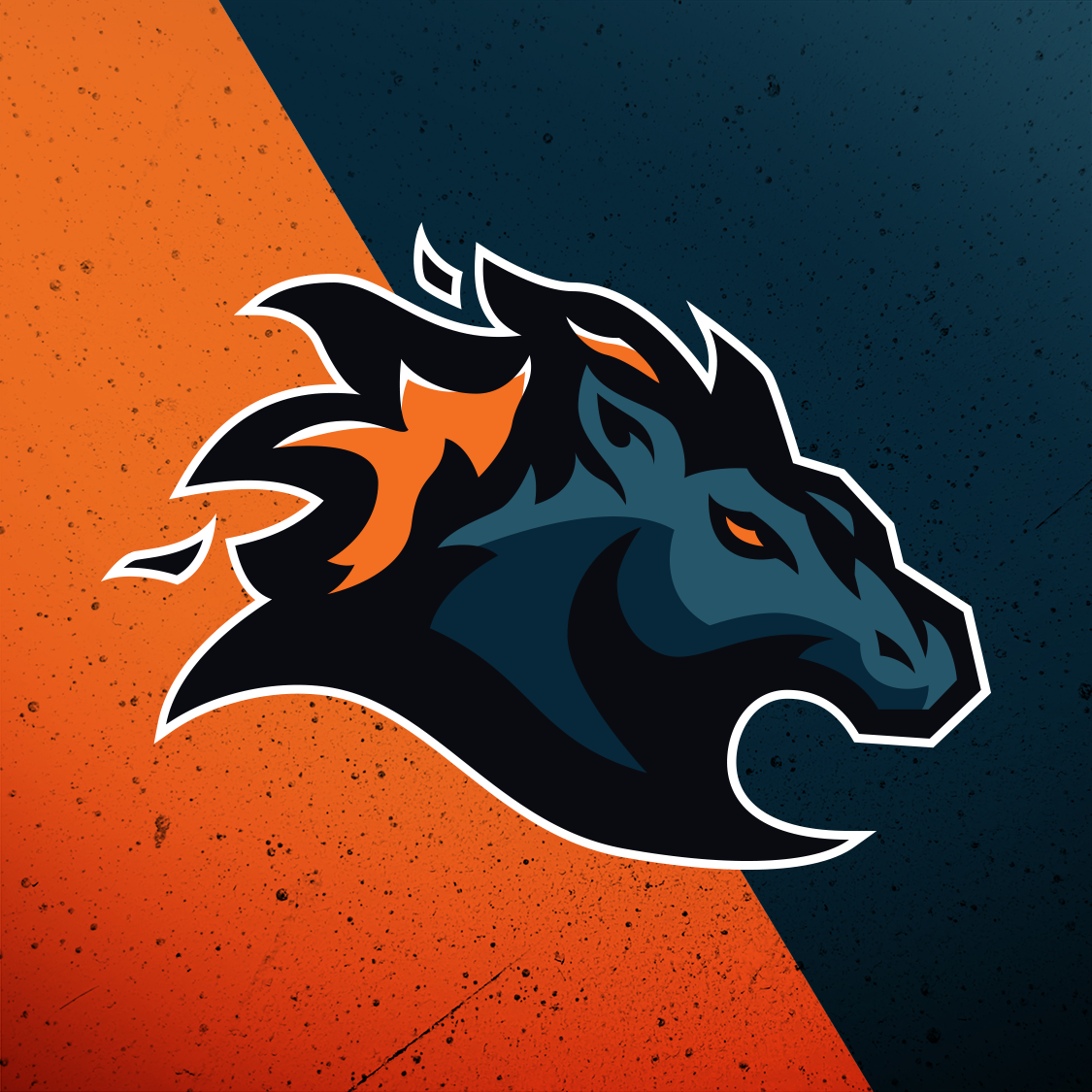 A stylized logo of a horse's head with black, dark blue, and orange accents on a background split diagonally between orange and dark blue.