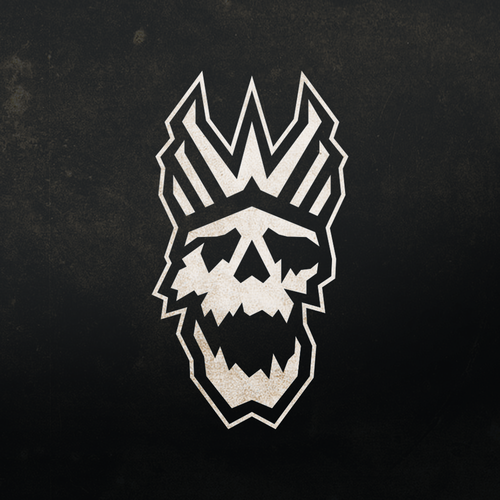 Black background with a white logo of a skull with a crown in the shape of the letter "W."
