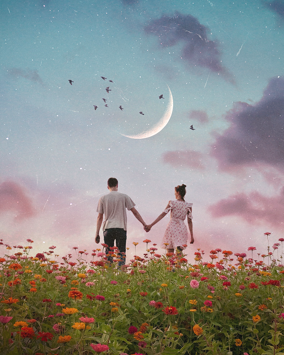 A couple holding hands walking through a colorful flower field under a sky with a crescent moon, birds flying, and clouds.