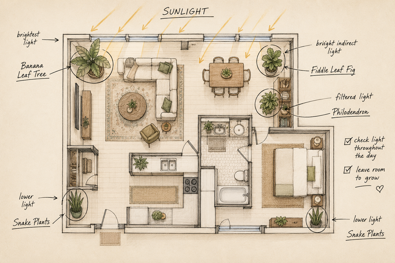 Hand-drawn floor plan of an apartment with labels indicating sunlight and plant placement, including banana leaf trees, fiddle leaf fig, philodendron, and snake plants, along with notes about lighting and room maintenance.