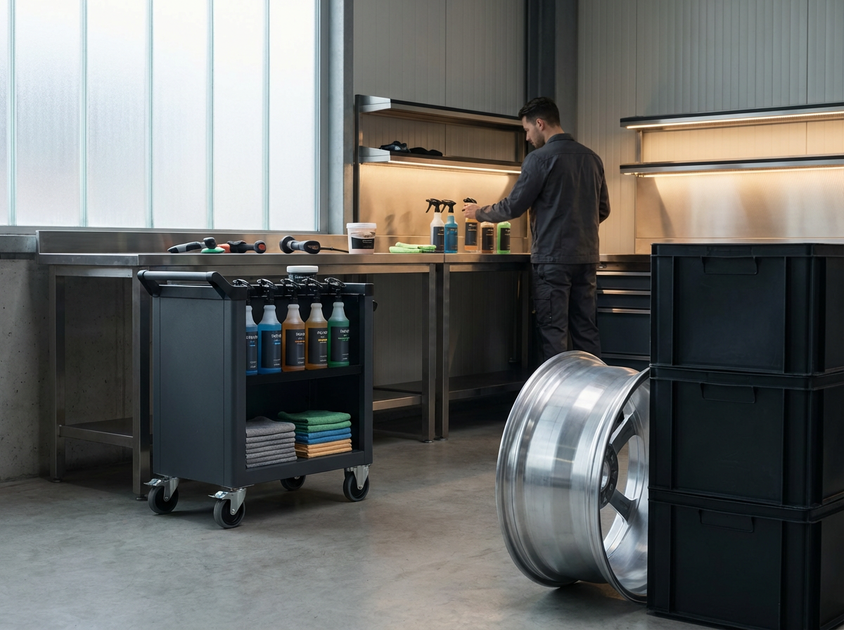 A man in black work clothes working on a stainless steel workbench in a modern garage or workshop, with cleaning or detailing supplies, towels, and car parts around.