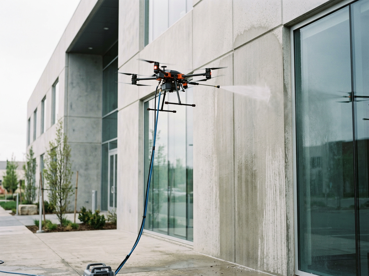 A drone spraying liquid on the exterior wall of a modern building.