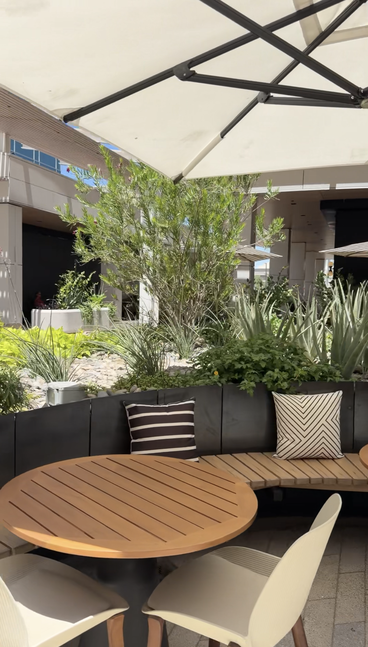 Outdoor landscaping with wooden table and black pillows showcasing an outdoor workspace.