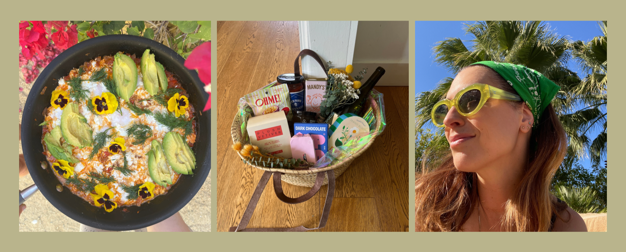 Triptych of three images: First shows a skillet with a colorful dish topped with avocado slices, edible flowers, and herbs. Second displays a gift basket on a wooden floor containing various items like dark chocolate, a bottle of wine, and snacks. Third features a woman with red hair wearing yellow goggles and a green bandana, outdoors with palm trees and a blue sky in the background.