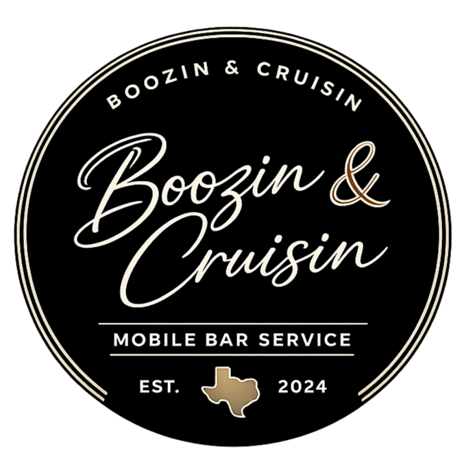 Logo for Boozin & Cruisin, a mobile bar service established in 2024, featuring a Texas shape.