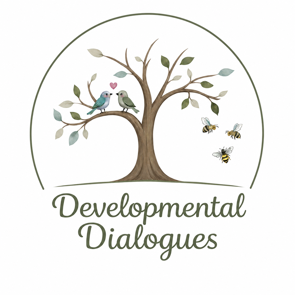 A stylized tree with two birds, a pink heart between them, and three bees flying nearby. The text "Developmental Dialogues" is written below the tree.