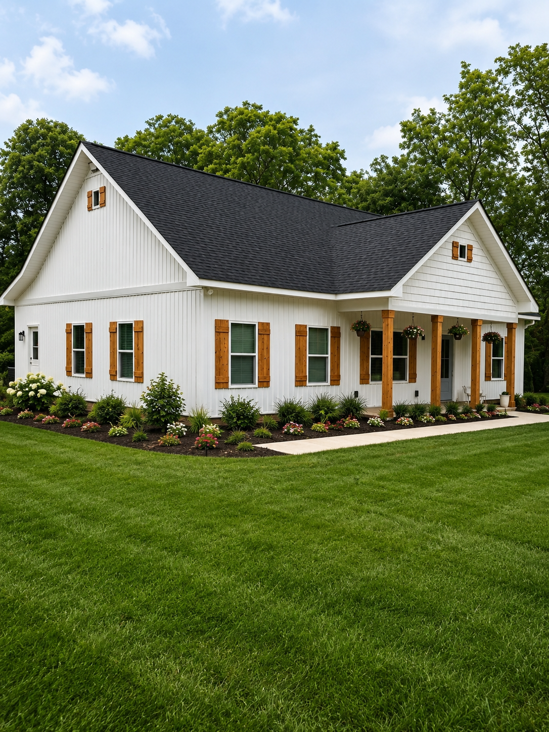 White custom home by The Kiker Group in Monroe, NC, featuring wooden shutters, a covered front porch, and landscaped front yard.