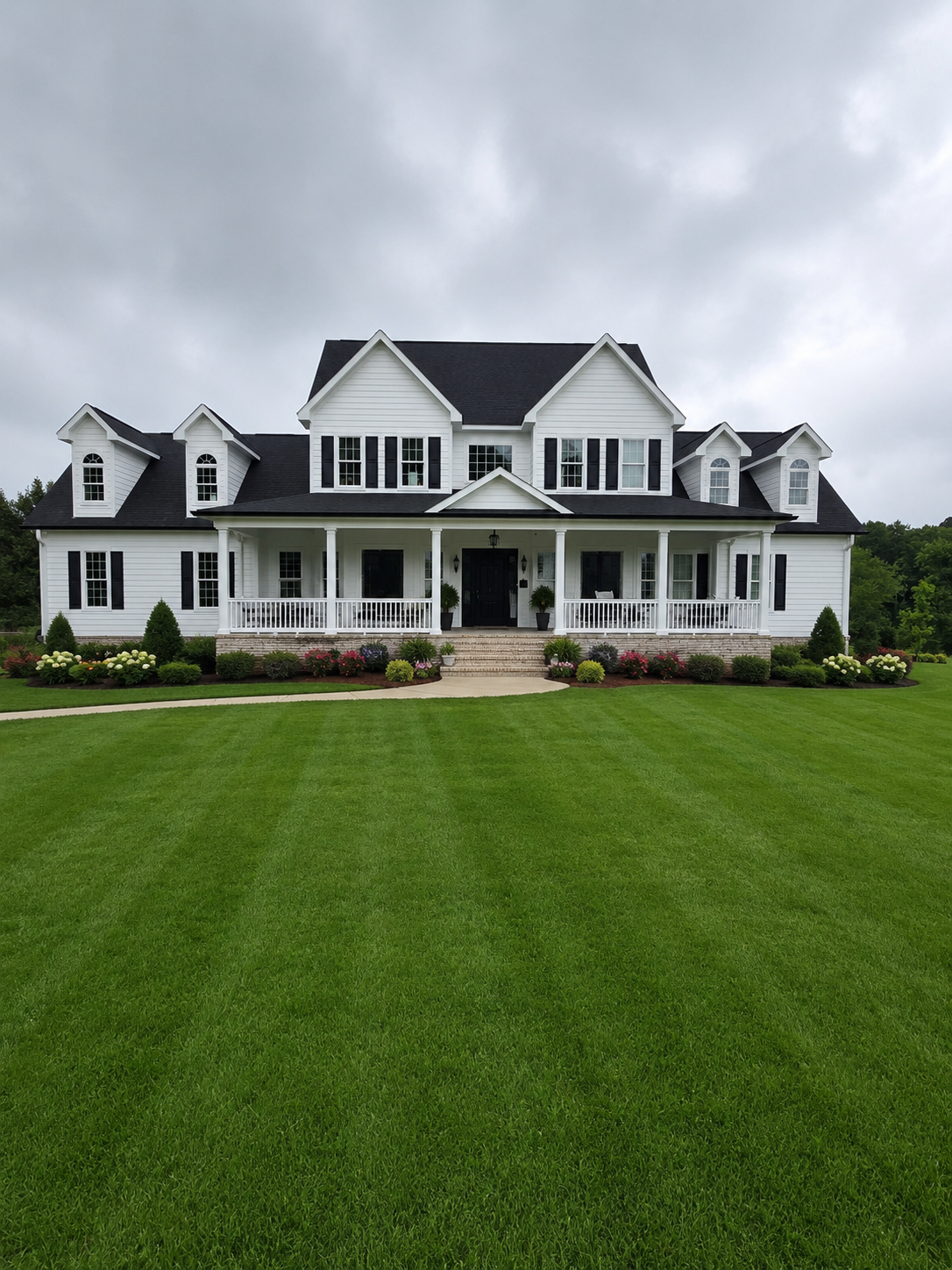 White two-story custom home by The Kiker Group in Monroe, NC, featuring black shutters, a covered front porch, and landscaped yard.