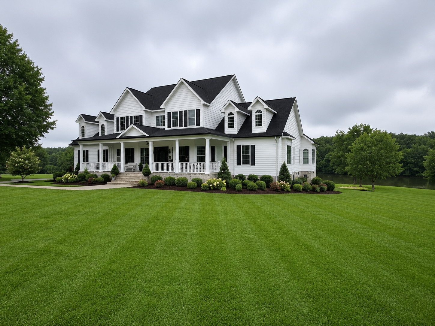 Large white custom home by The Kiker Group near Monroe, NC, featuring a black roof, dormer windows, landscaped lawn, and waterfront setting.