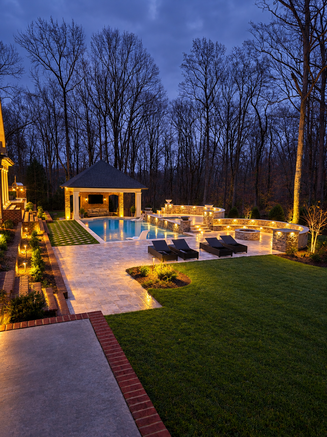 Custom backyard by The Kiker Group near Monroe, NC, featuring an illuminated swimming pool, outdoor fireplace, lounge area, and landscaped lawn at dusk.