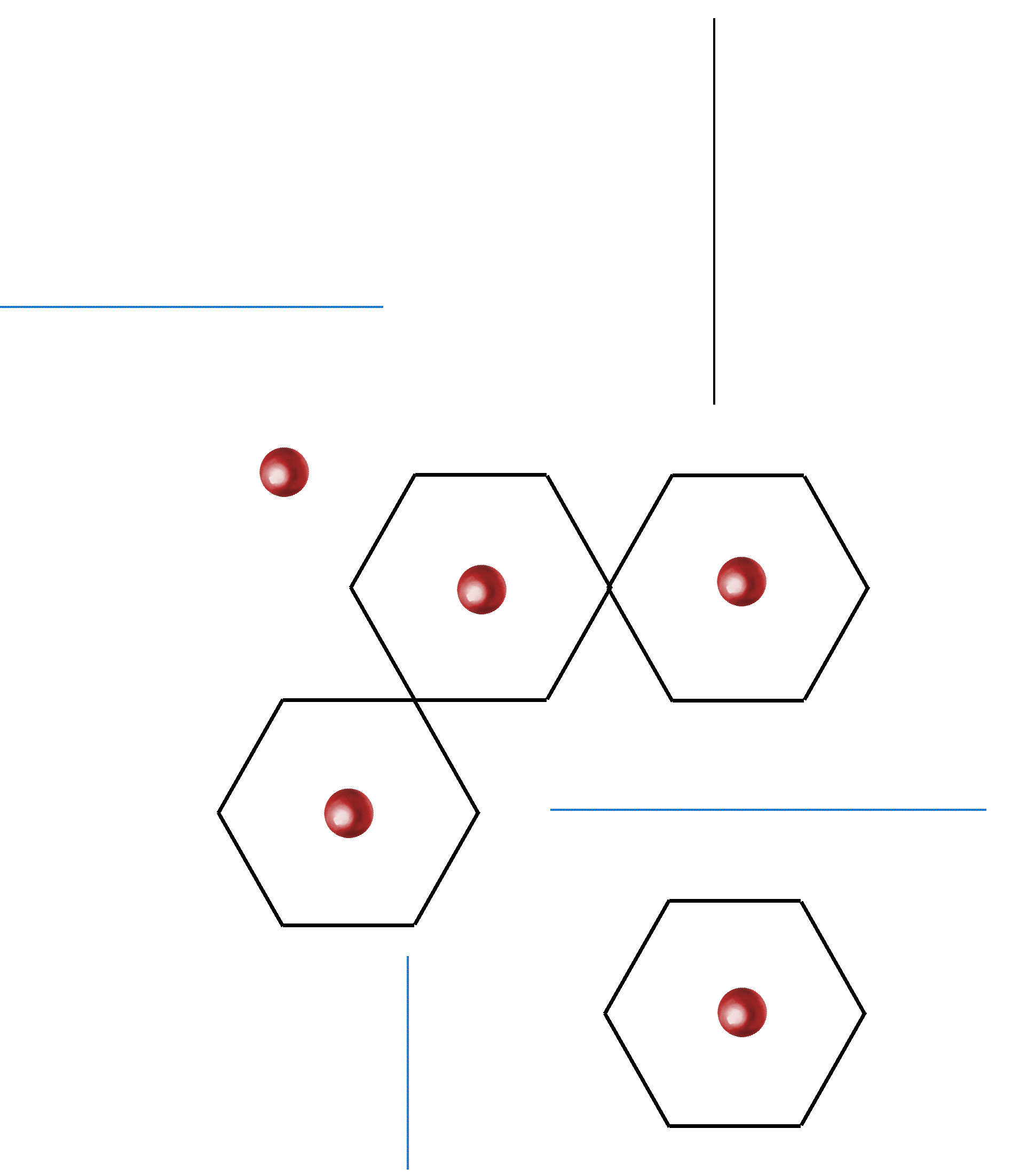 Stem cells network communicating with one another. Hexagonal nodes are linked by lines with red molecular spheres, in a science-themed pattern.