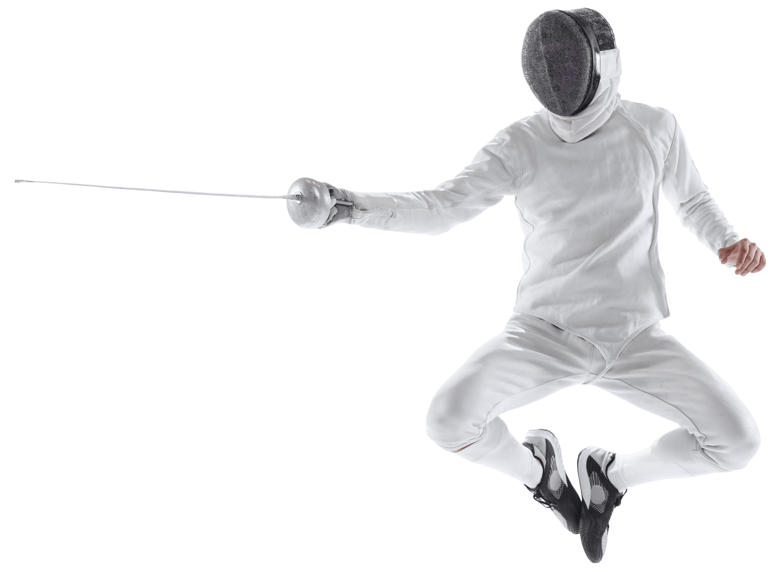 Fencer in his traditional white uniform and foil mask lunging mid-feint thrusting his foil taking a stab at his apponent.