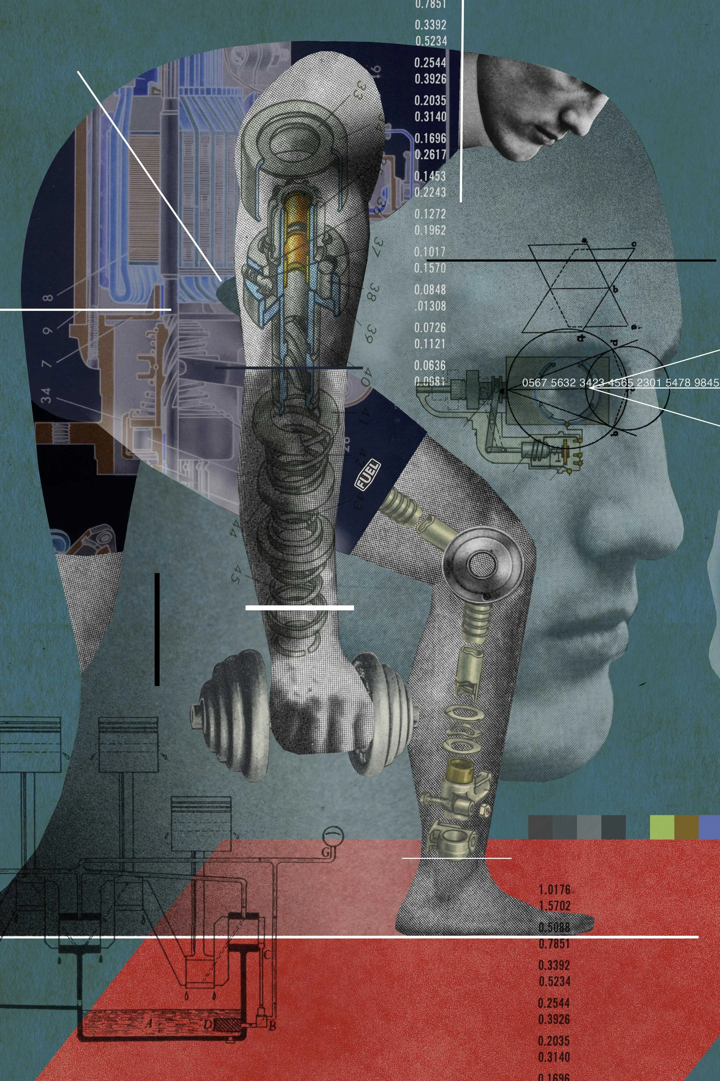 Award-winning Illustrator, Dave Plunkert's illustration of person's head and hand in profile with circuitry and blueprint overlays. He is looking to the future of modern data-driven medicine