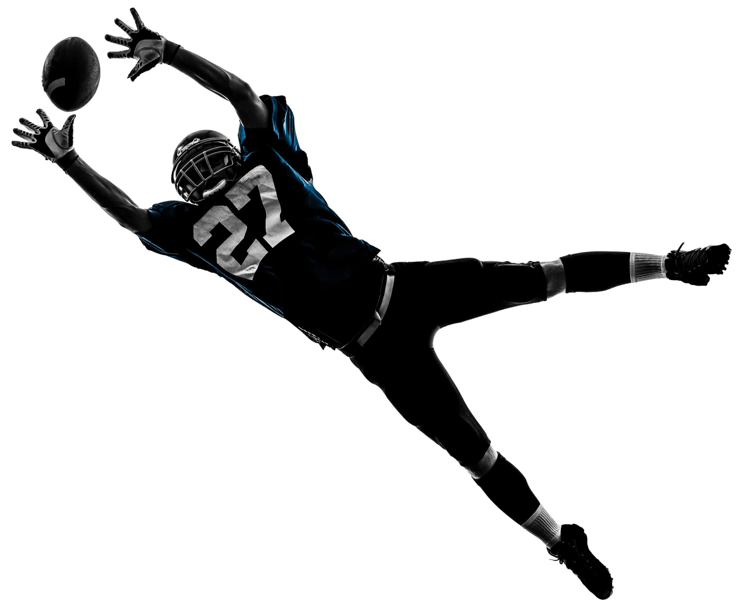A professional football player leaps into midair to catch the football passed to him by the quarterback. Then the player ran to the goal line scoring the winning touchdown of the series.