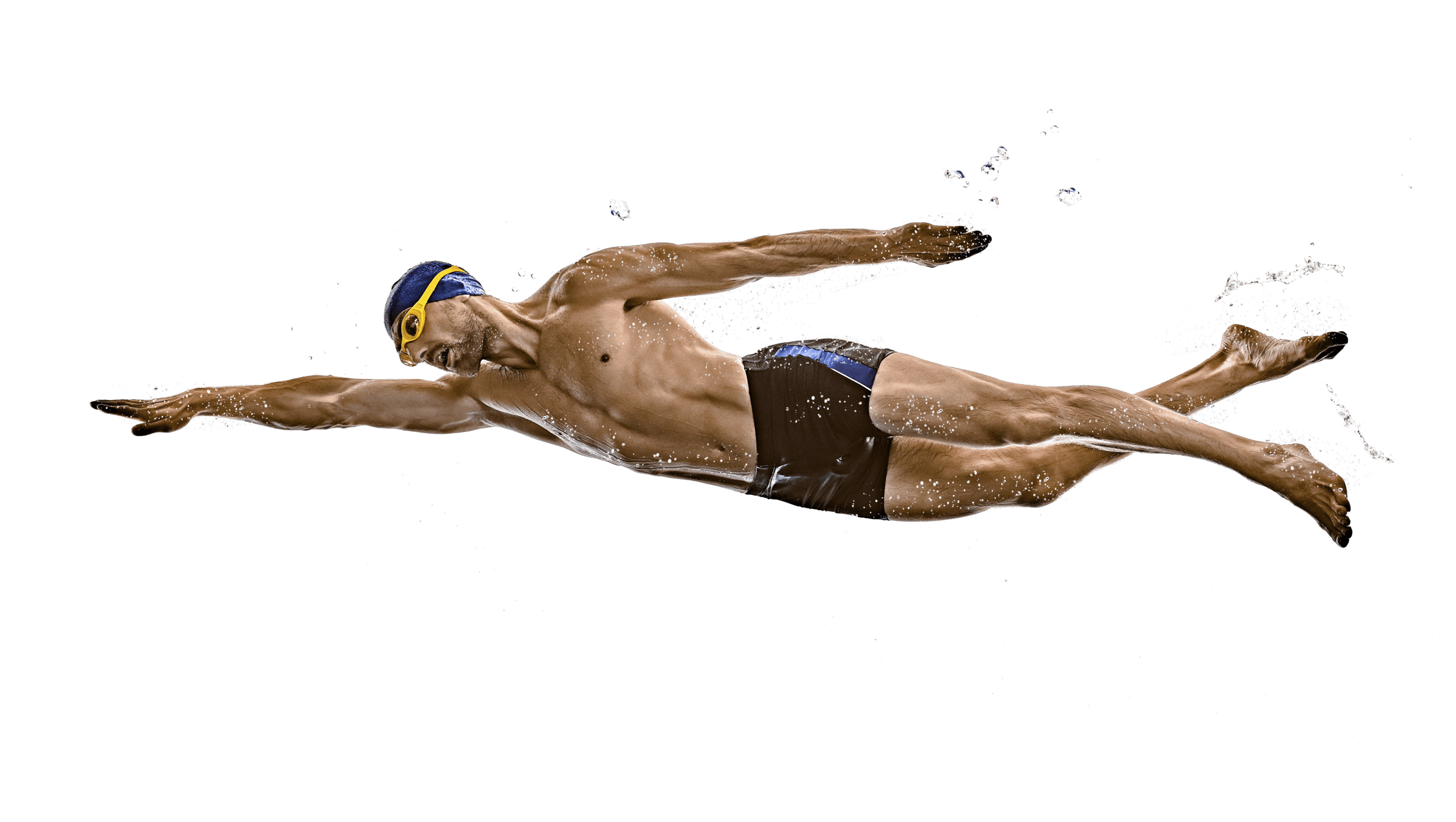 Swimmer mid-stroke doing freestyle, water splashing around him.