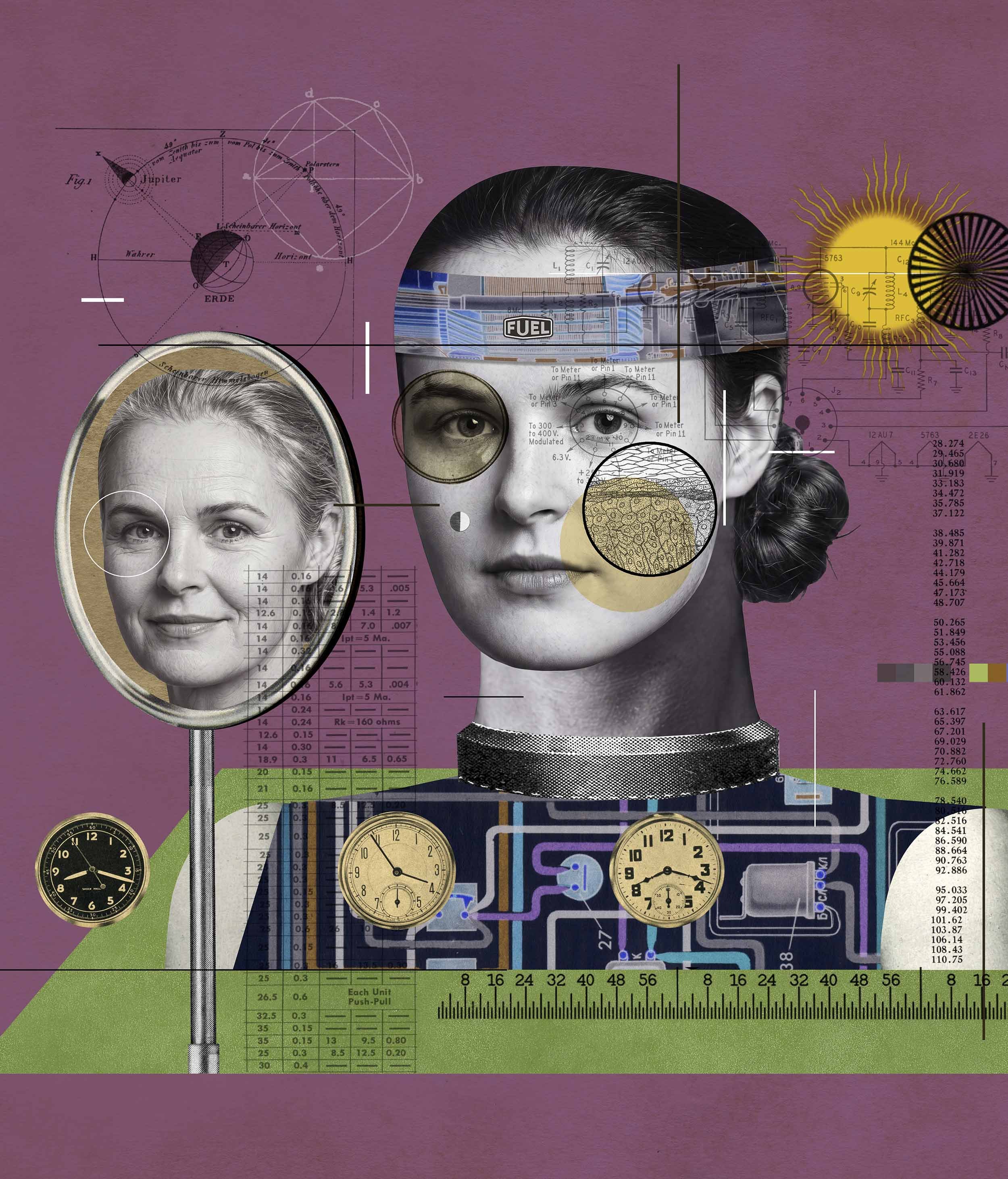 Award-winning Illustrator Dave Plunkert illusration of young woman and mirror image juxtaposed of her forty years later as an older woman who has aged well.