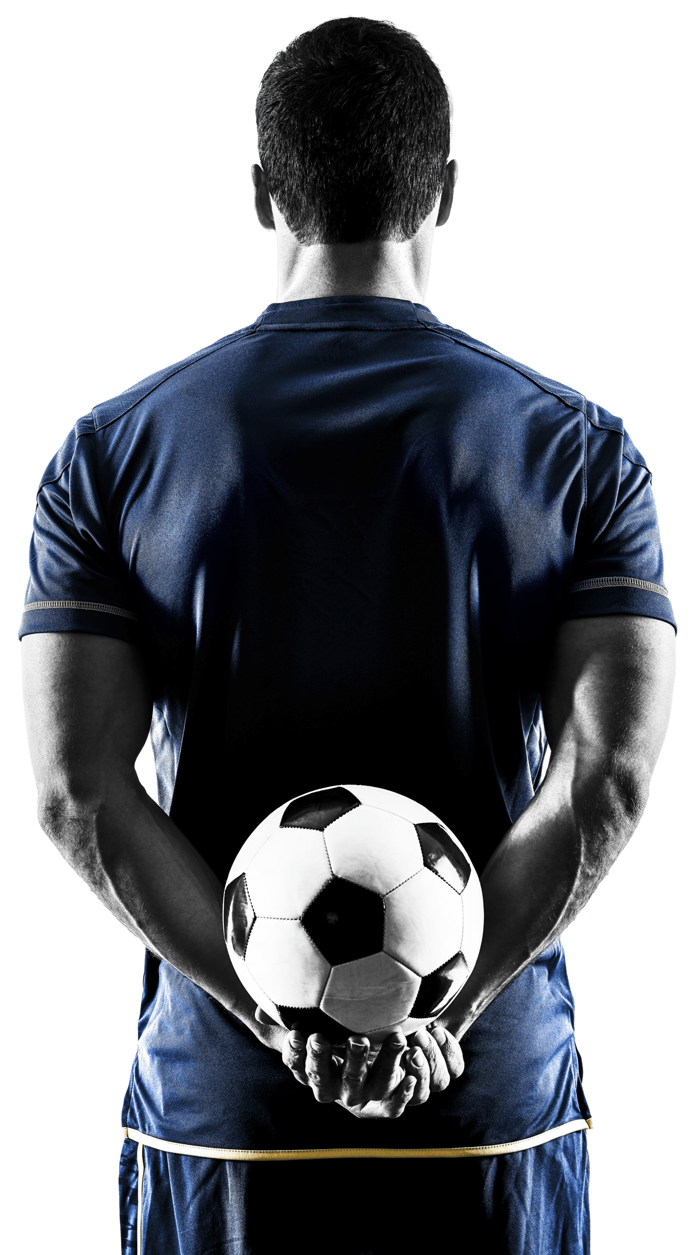 Portrait of the back of a soccer player holding a ball cupped in his hands behind his back.