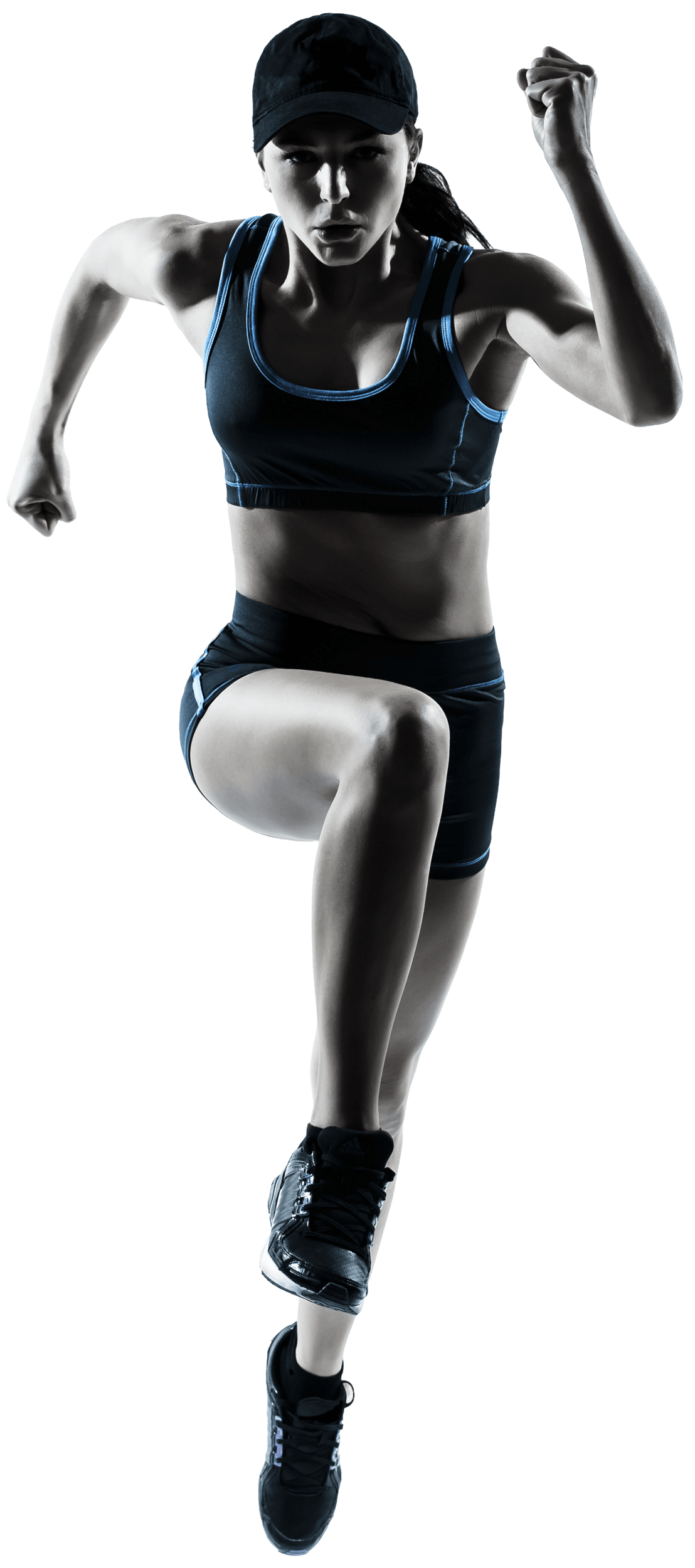 Woman running in a dynamic stride with arms pumping backward and forward creating balance, stopping hwe body from twisting side-to-side, and setting a steady rhythm for her legs.