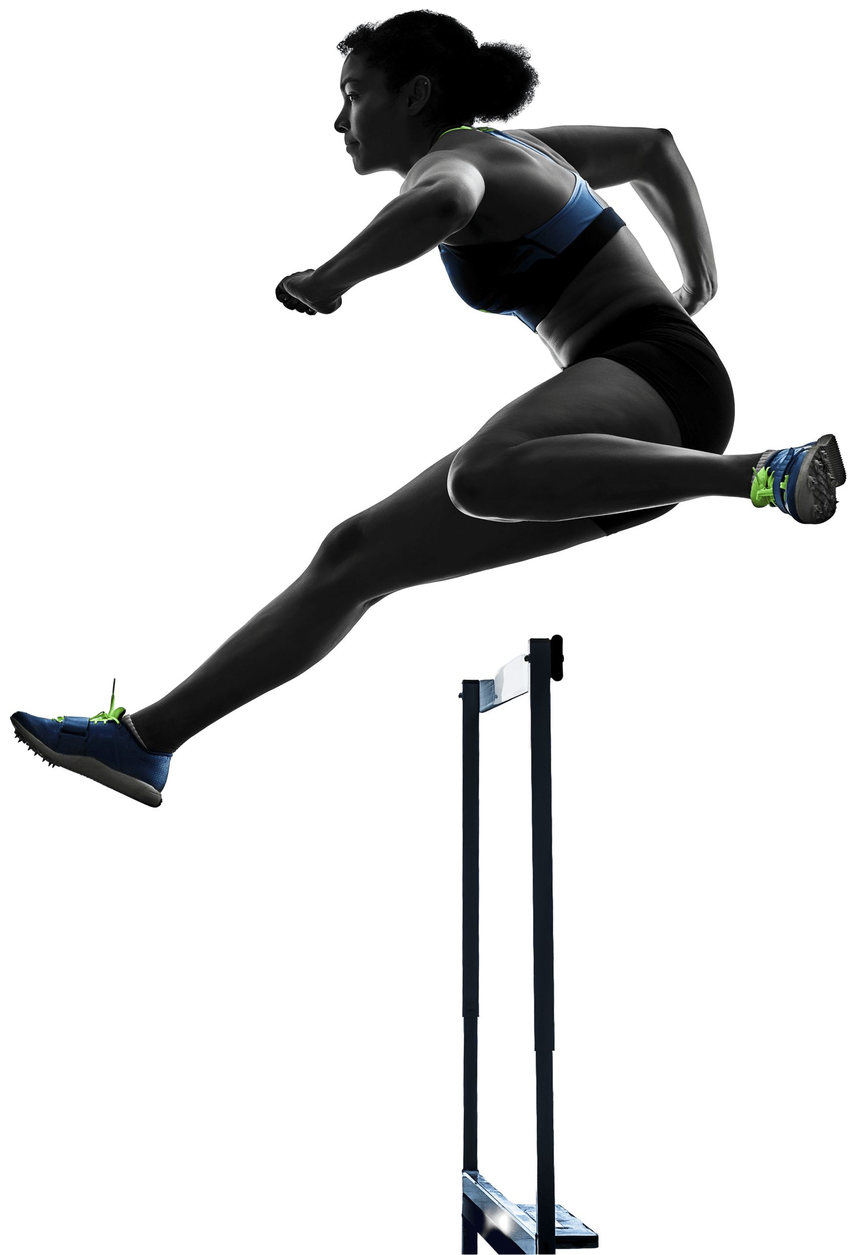Young woman track star hurdler clearing a barrier in mid-air perfectly poised technique looking straight ahead.