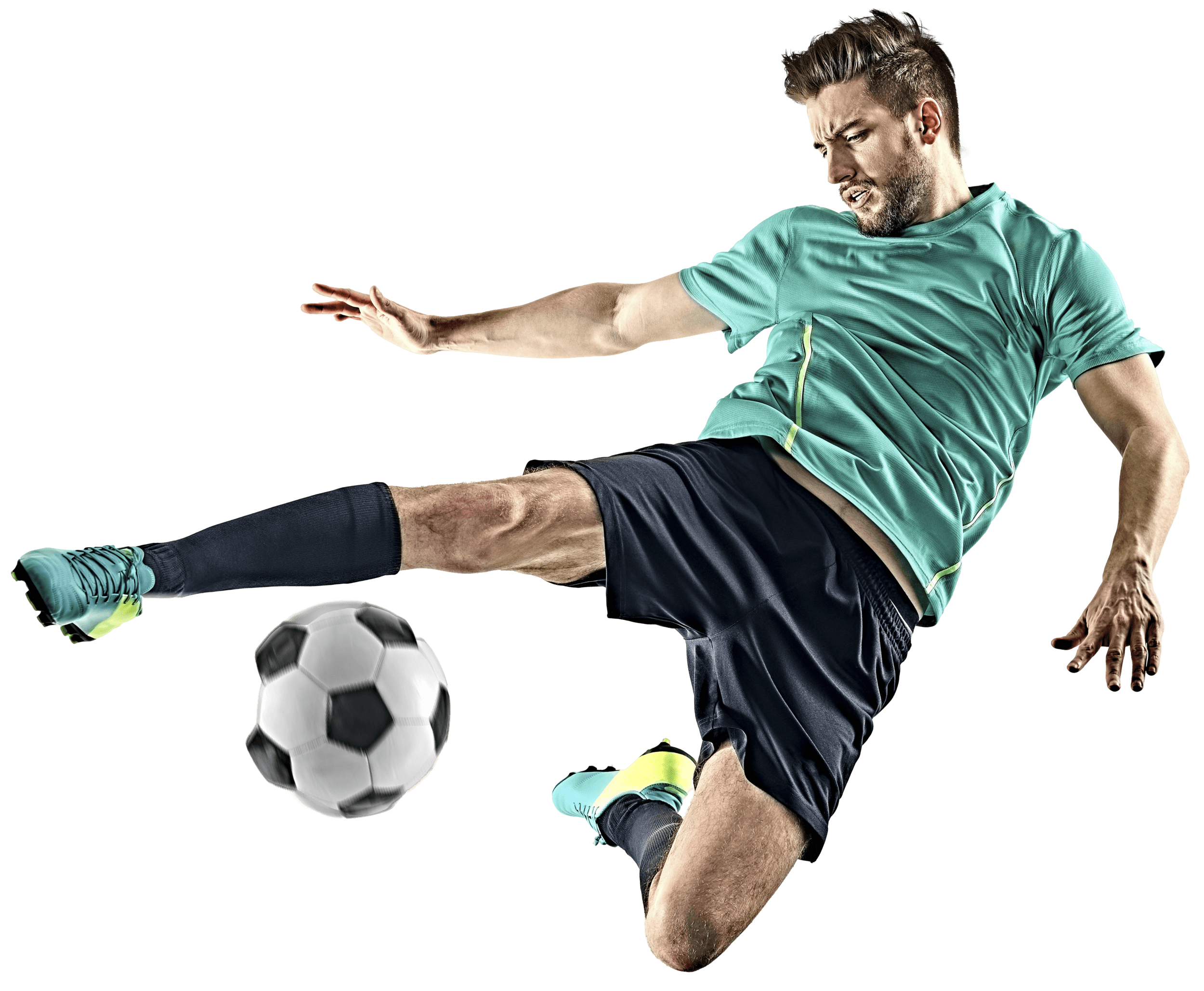Man in mid air kicking a soccer ball into the goal.