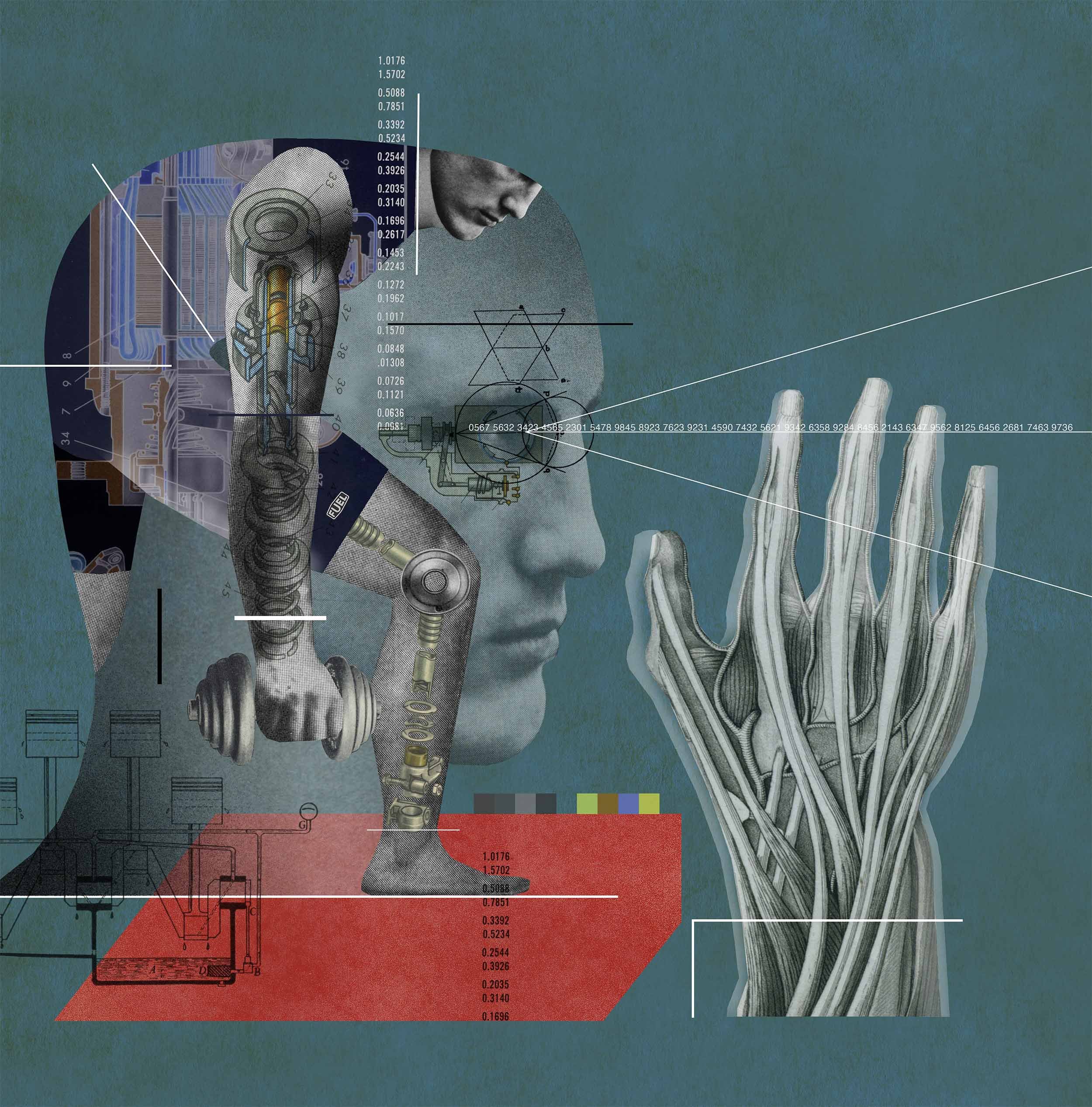 Award-winning Illustrator, Dave Plunkert's illustration of person's head and hand in profile with circuitry and blueprint overlays. He is looking to the future of modern data-driven medicine