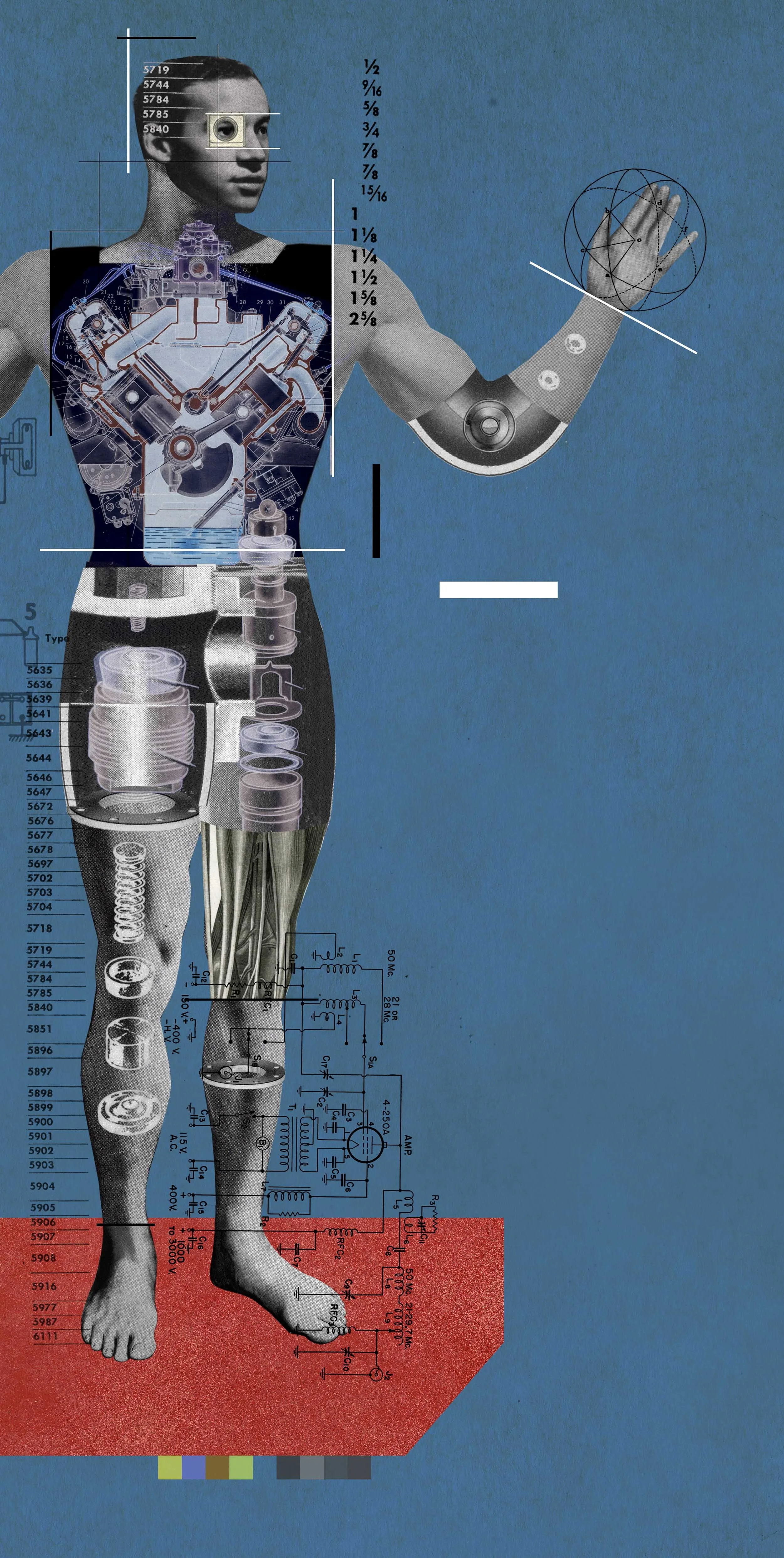 Illustration by Award-winning Illustrator Dave Plunkert of an anatomical man built put of engine parts with pistons for his heart, springs in his legs.