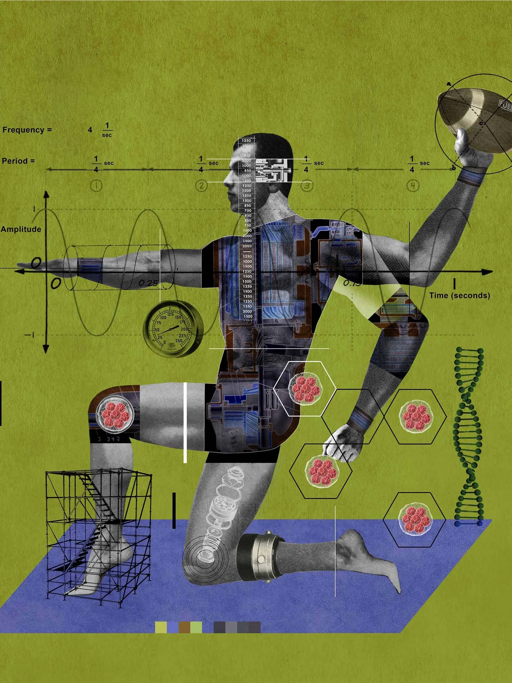 Award-winning Dave Plunkert's Regenerative Illustration of a male football player taking one knee preparing to toss a football with his left hand. He is surroounded by a DNA helix, a set of scafforlding, and stem cells.