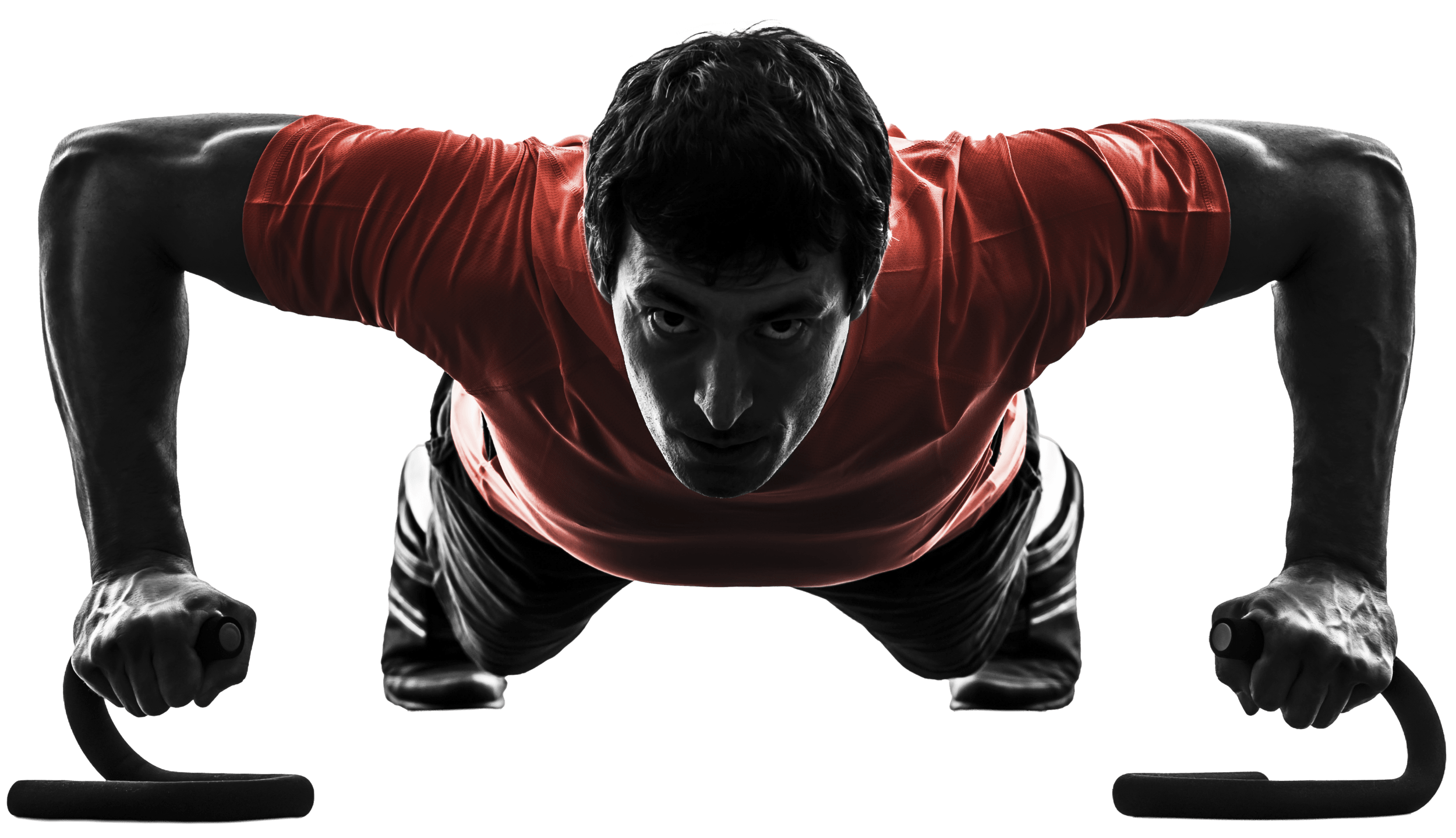 Man performing a plank position on with an intense expression on his face. He is looking ahead tightening every muscle in his body.