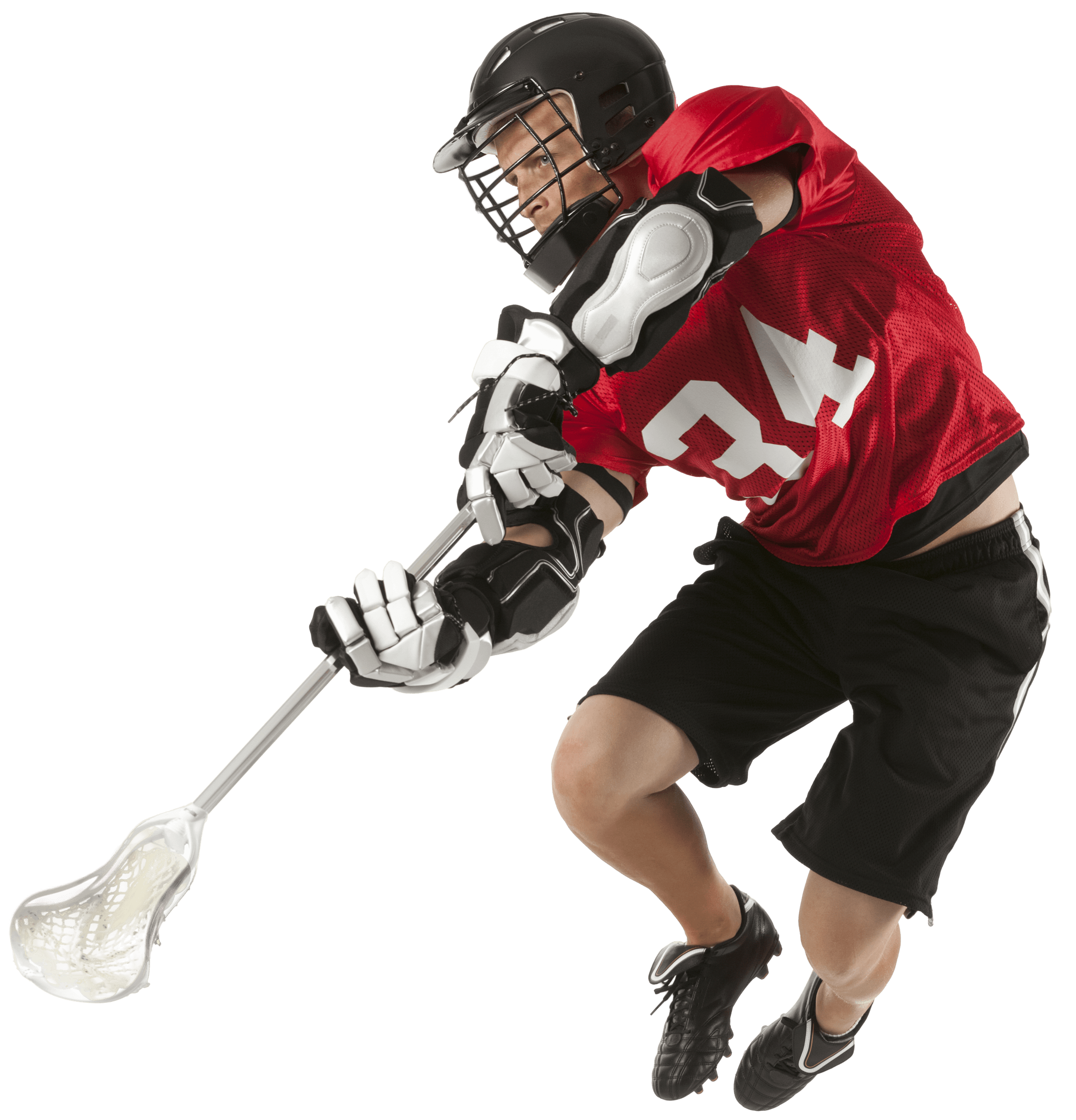 Lacrosse player in a red jersey in midair reaching to catch the ball with the head of his stick.