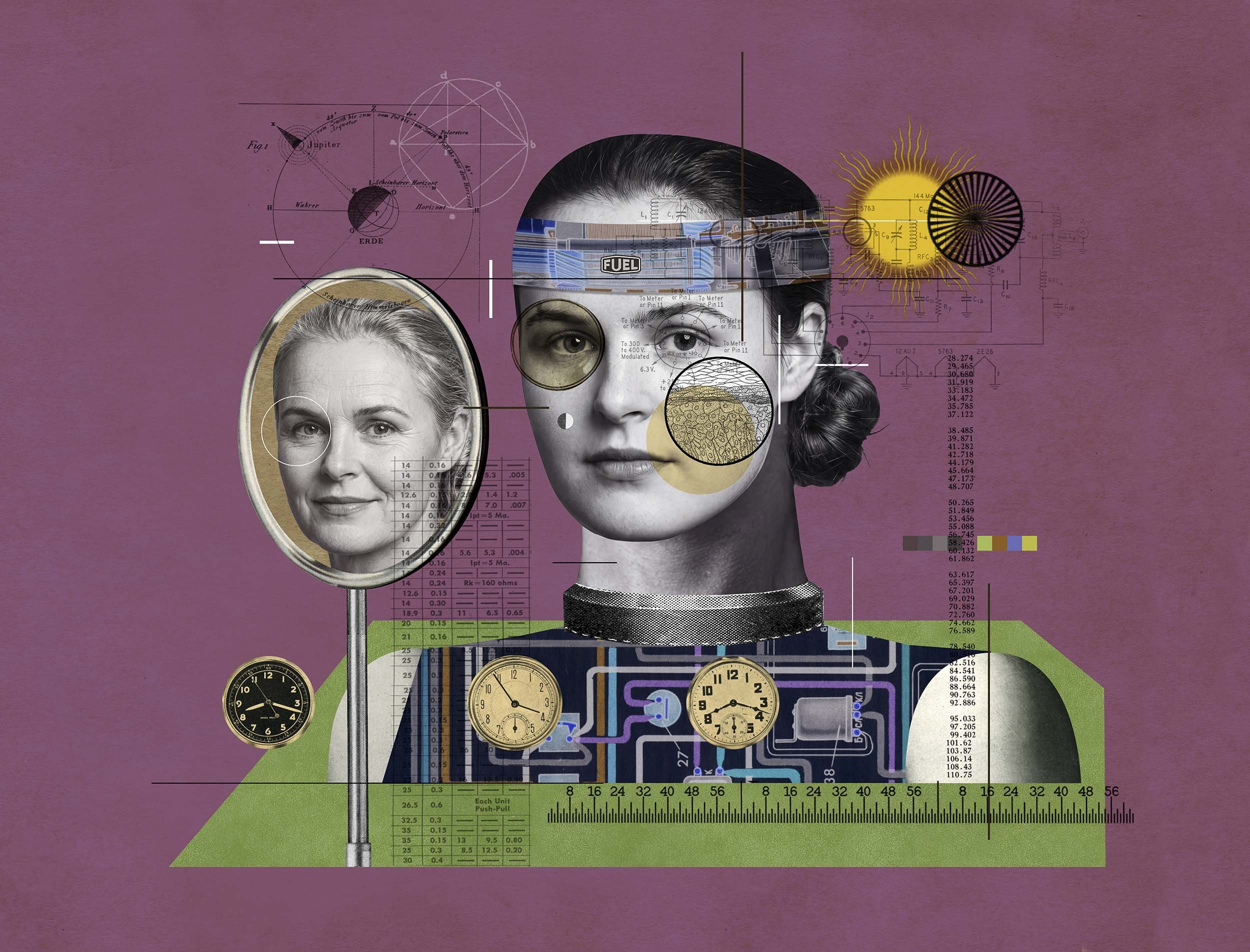 Award-winning Illustrator Dave Plunkert illusration of young woman and mirror image juxtaposed of her forty years later as an older woman who has aged well.