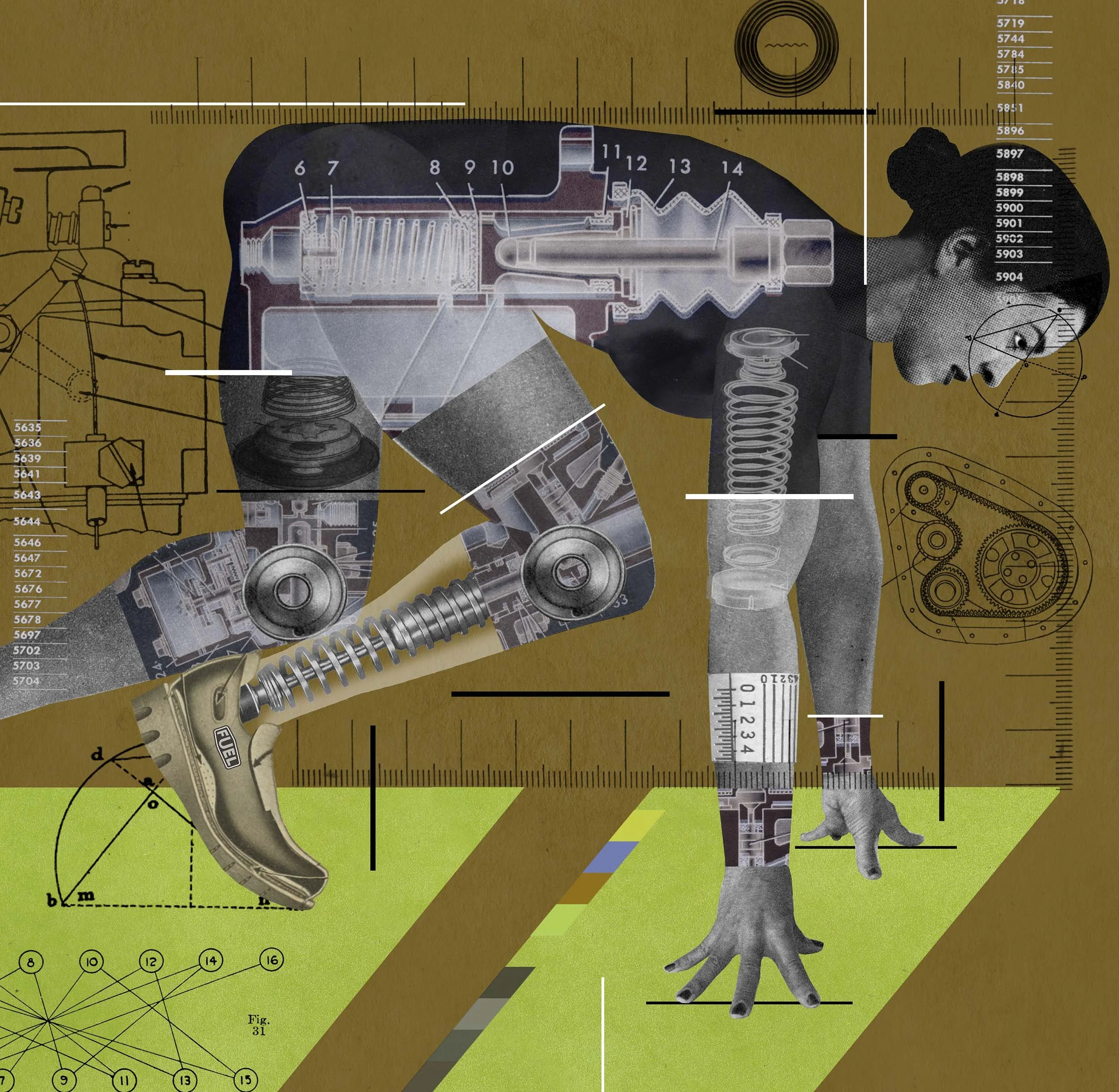 Award-winning Illustrator Dave Plunkert, illustration of a woman sprinter gazing down the track on the starting block in the ready set go position. She is built from mechanical parts.