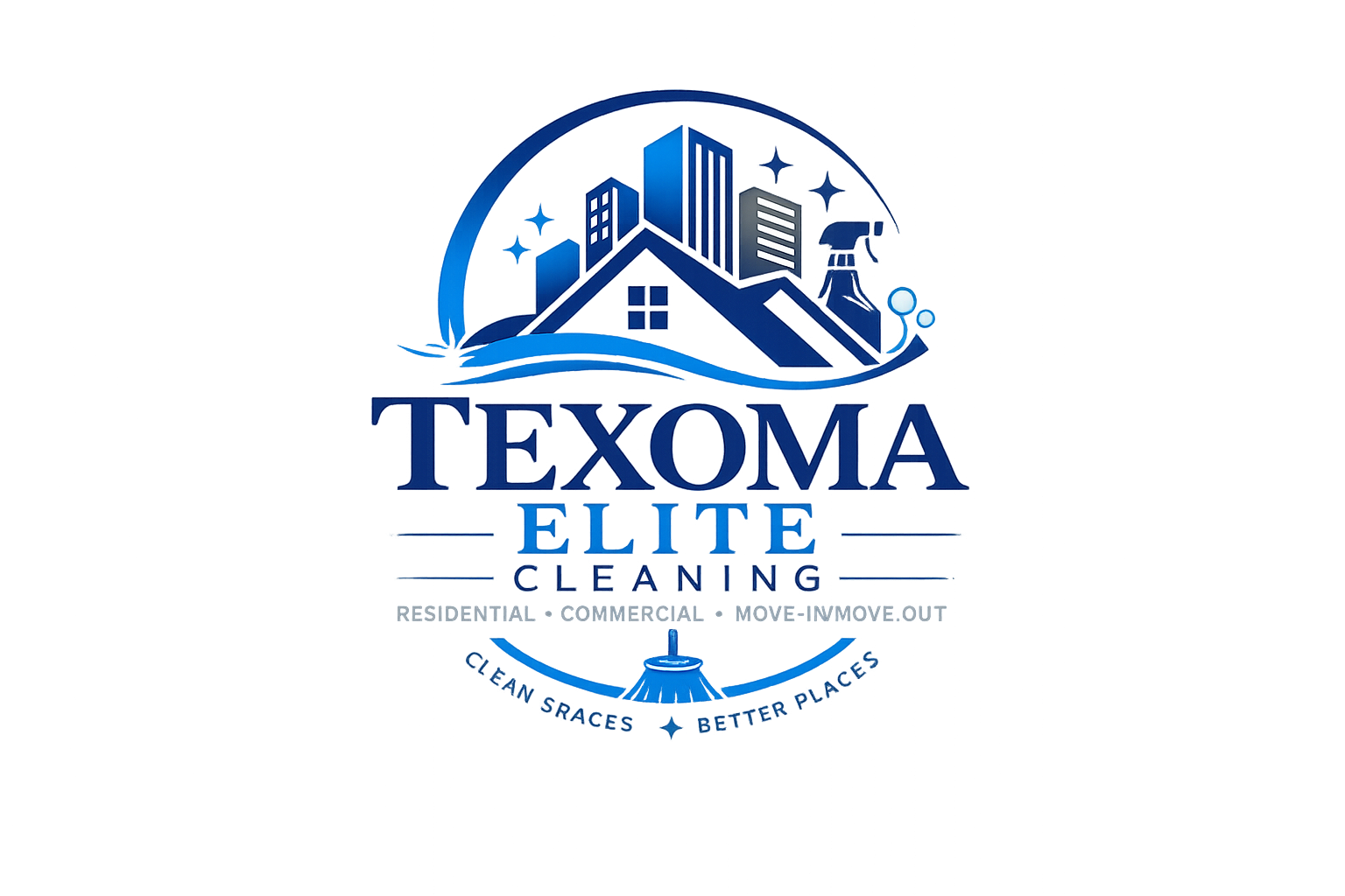 A neon sign for Texoma Elite Cleaning with a graphic of houses and buildings, a spray bottle, and a broom, featuring the tagline 'Clean Spaces Better Places'.