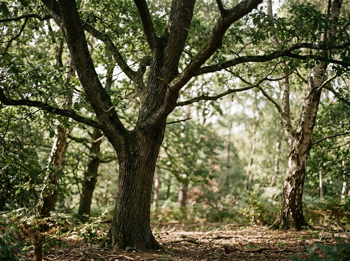 A wooded forest scene with trees, including a large tree in the foreground with textured bark, surrounded by dense green foliage and sunlight filtering through the leaves.