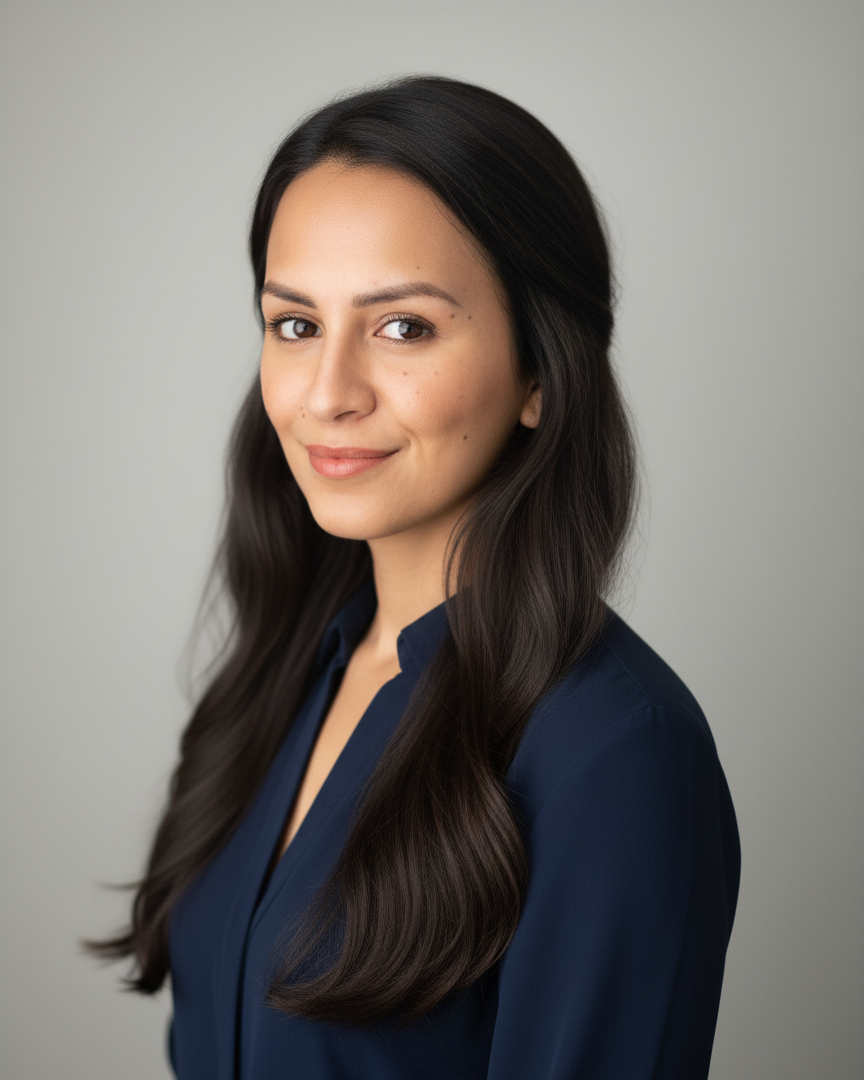 A woman with long, dark brown hair styled in loose waves, wearing a navy blue shirt, looking at the camera with a slight smile, against a light neutral background.