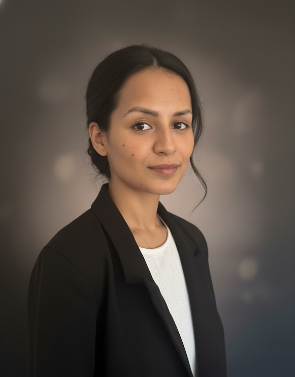 A portrait of a woman with dark hair, wearing a black blazer over a white shirt, against a blurred neutral background.