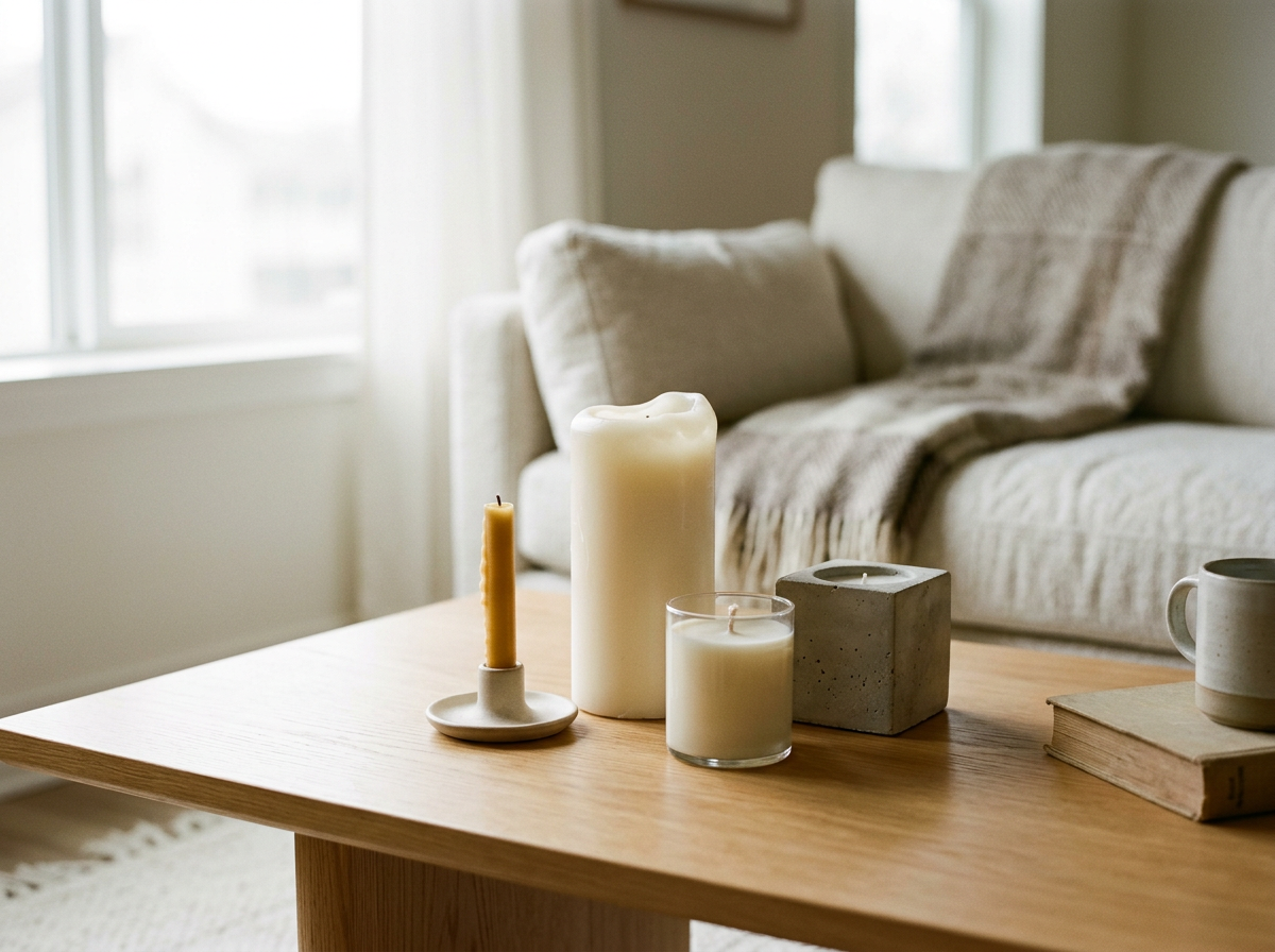 Decorative candles on a wooden coffee table in a cozy living room with a beige couch and soft natural light.
