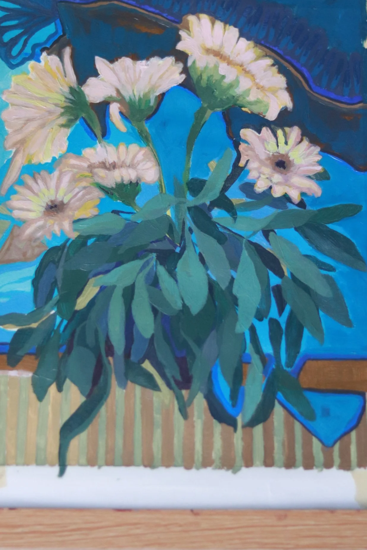 Painting of yellow and white flowers with green leaves on a blue background.