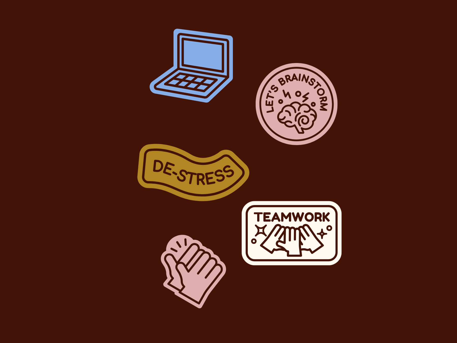 Digital illustration of motivational icons on a brown background, including a laptop, a brain with 'Let's Brainstorm' label, a 'De-Stress' tag, a handshake symbol for teamwork, and a pair of clapping hands.