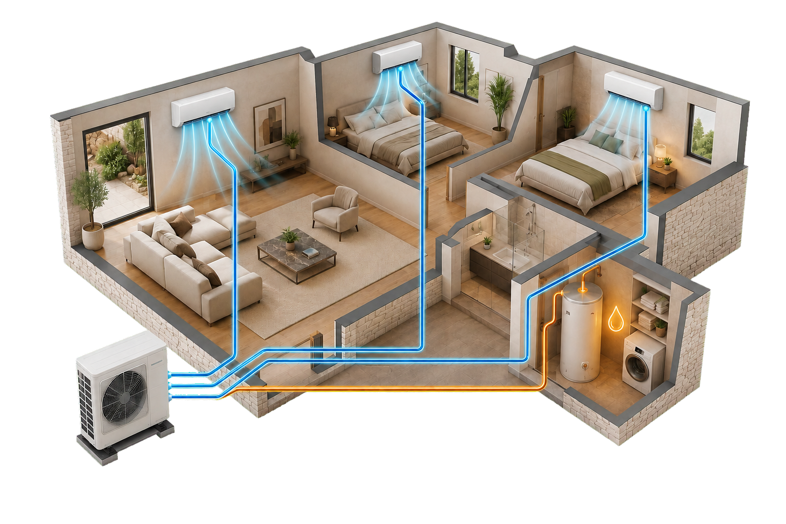 Schéma d'une maison avec système de climatisation, de chauffage et de plomberie connecté à une unité extérieure, avec des flux d'air, d'eau et de chaleur indiqués.