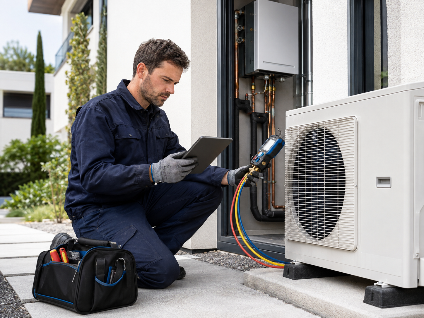 Un technicien effectue une réparation sur une unité de climatisation extérieure avec un outil de diagnostic, portant des gants et un sac à outils, à l'extérieur d'une maison moderne.