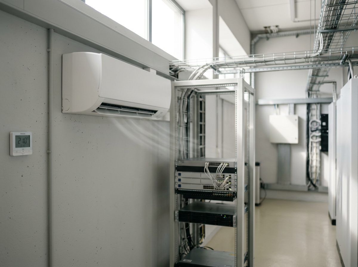 Salle de serveurs avec climatisation, équipements réseau et câblage organisé, dans un environnement professionnel moderne.