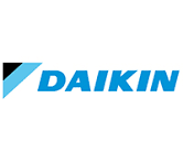 Logo de la marque Daikin en bleu avec un symbole en diagonale noir et bleu.