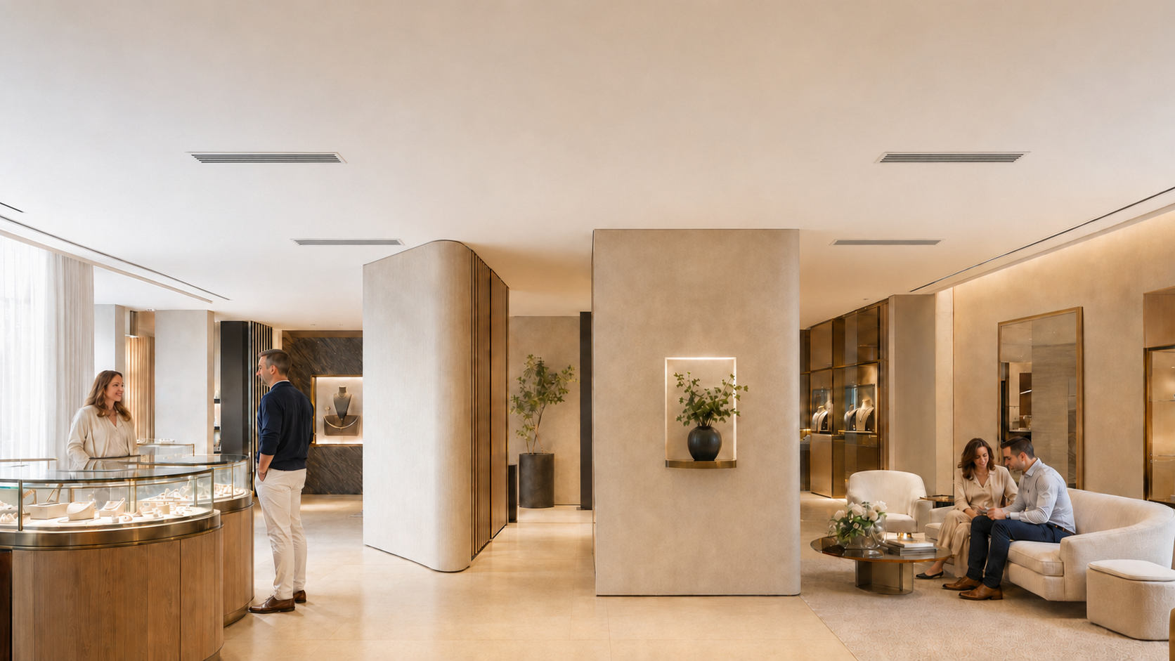Une réception élégante dans un hall de luxe, avec un comptoir en bois courbé et deux personnes discutant, et un coin salon avec un couple assis sur un canapé beige, décor épuré avec des plantes et des œuvres d'art.