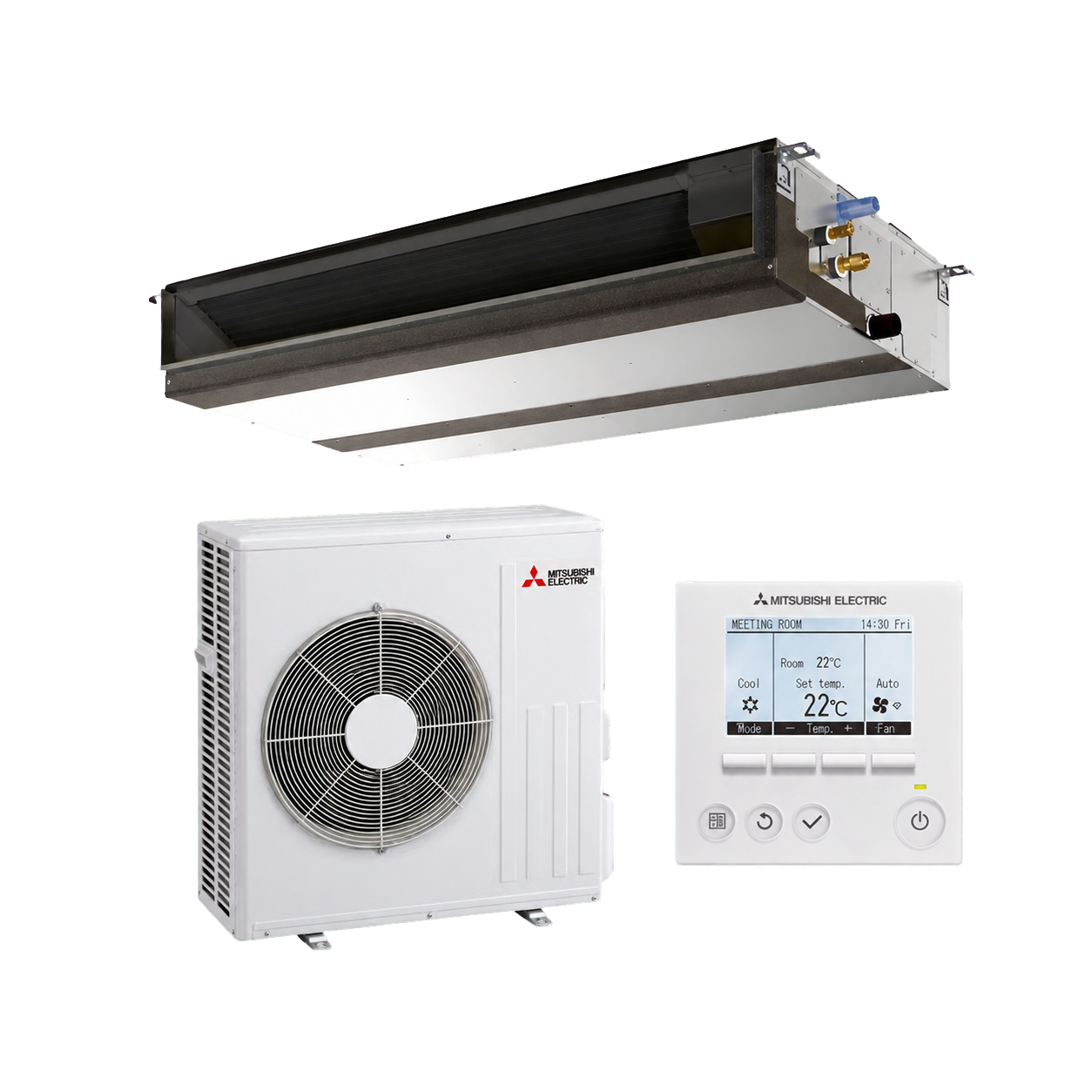 Un système de climatisation Mitsubishi Electric comprenant une unité intérieure, une unité extérieure, et un thermostat.