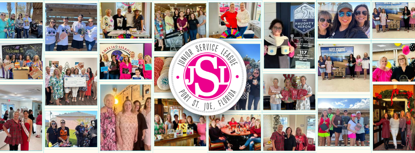 Collage of photos from a community event featuring the Junior Service League of Port St. Lucie, Florida. The images show people at social gatherings, award ceremonies, and holiday celebrations, with group photos, people holding checks and gifts, and festive activities.