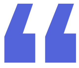 Close-up of a stylized black and blue logo with two thick, blue, angular shapes resembling quotation marks or brackets.