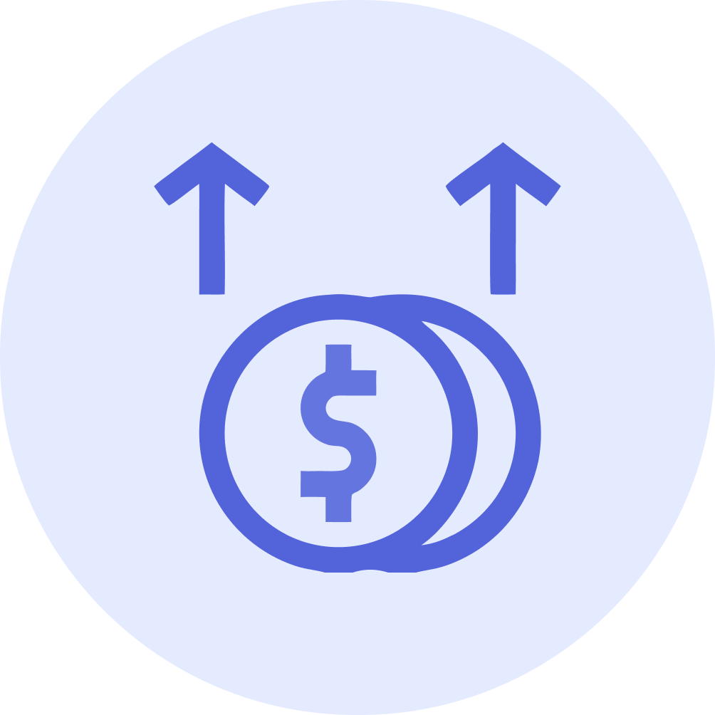 Icon of two coins with a dollar sign and upward arrows indicating money increase or financial growth.